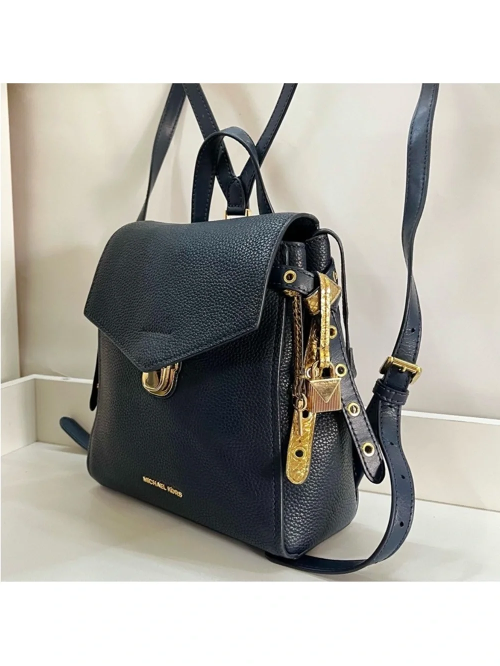 MICHAEL KORS Navy Blue Backpack Merritt Rhea Hudson Charm Shoulder Bag